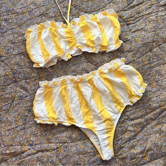 FP Beach by Free People 60s Style Yellow White Stripe Ruffle Bloomers Bikini - Picture 3 of 14